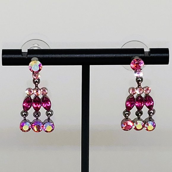 Vintage Givenchy 1" Pink Sparkling Dangle Drop Earrings in Gun Metal - Picture 4 of 7